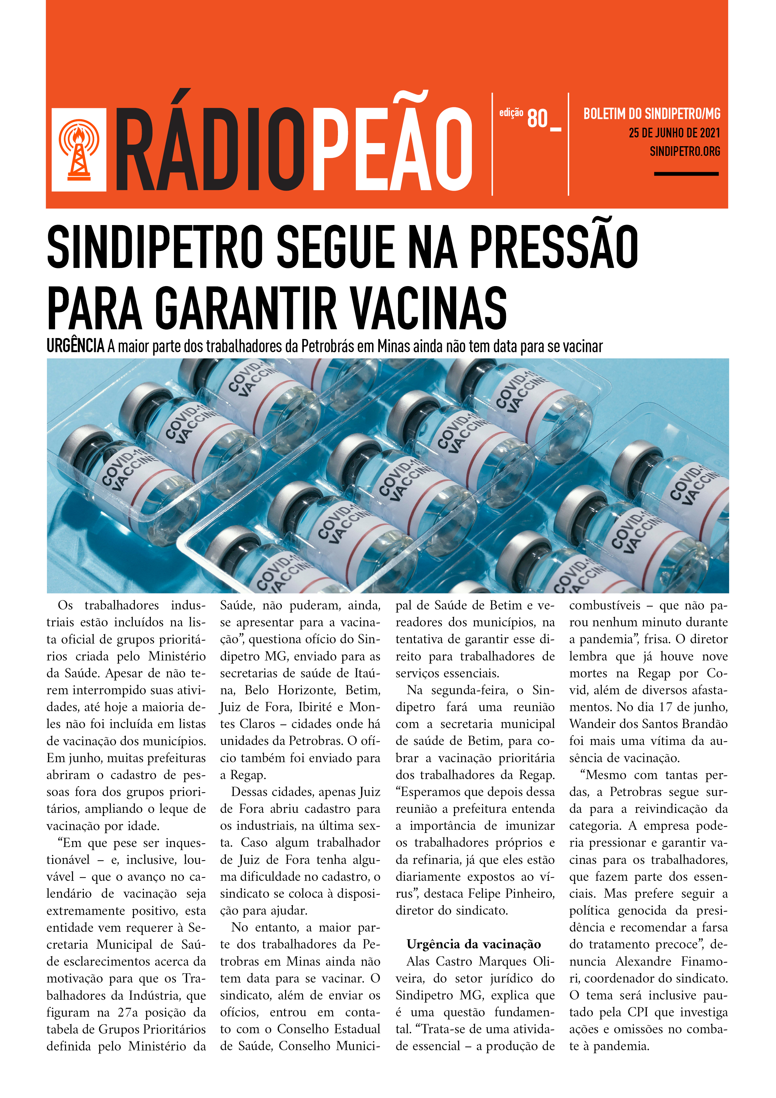 Sindipetro segue na pressão para garantir vacinas