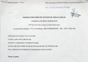 Liminar de Minas foi protocalada na Petros no dia 1° de março de 2018, conforme carimbo da própria Petros no documento acima